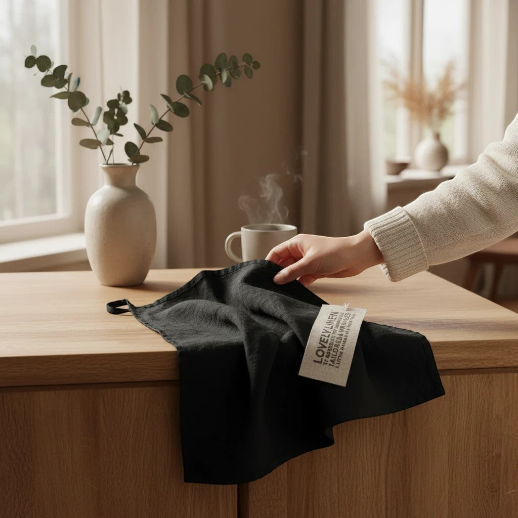 keep-collections LOVELY LINEN black European flax kitchen towel with tag on a wooden counter in a bright kitchen