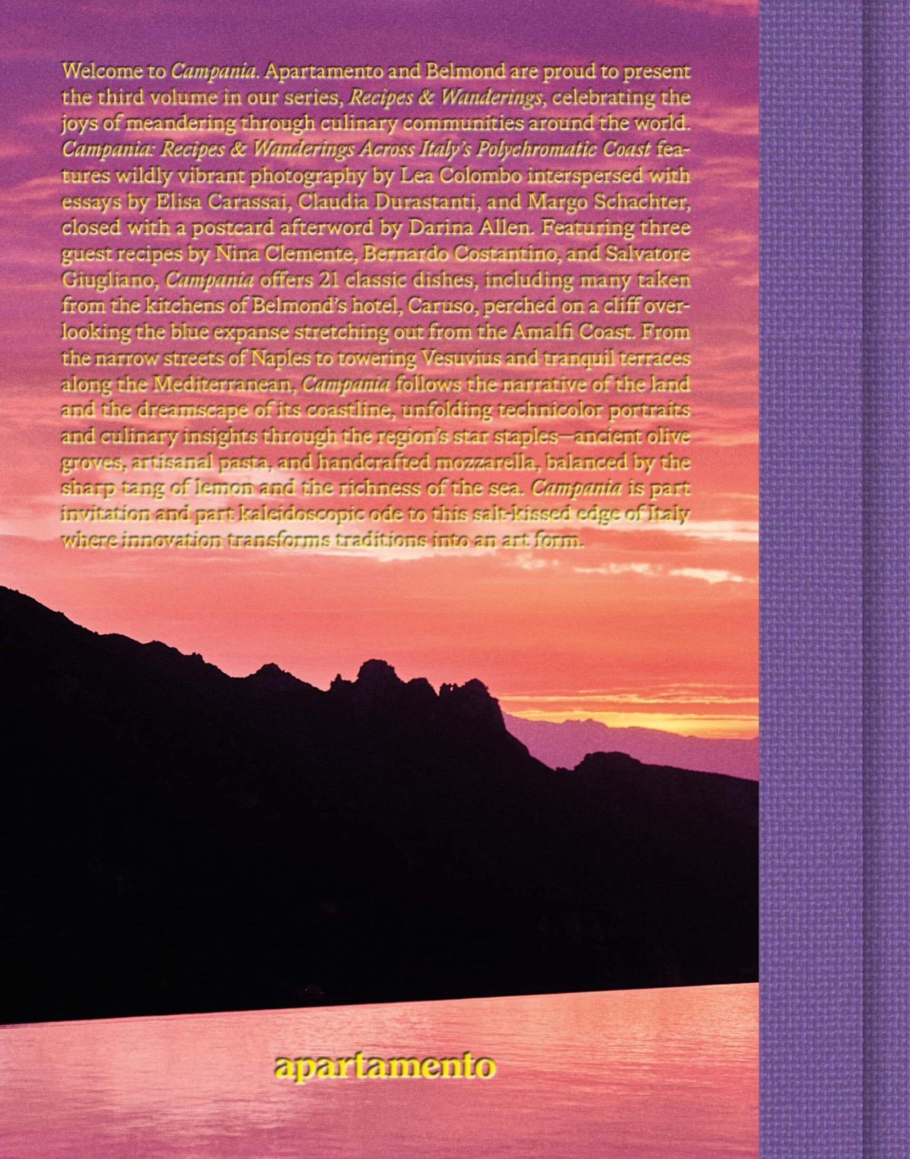 keep-collections Campania hardcover book back cover featuring a vibrant Amalfi Coast sunset and purple fabric spine