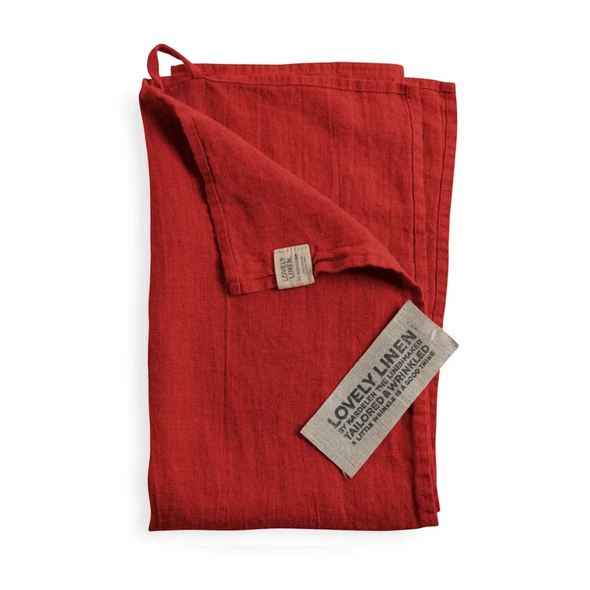 keep-collections red linen kitchen hand towel with hanging loop and artisanal brand label