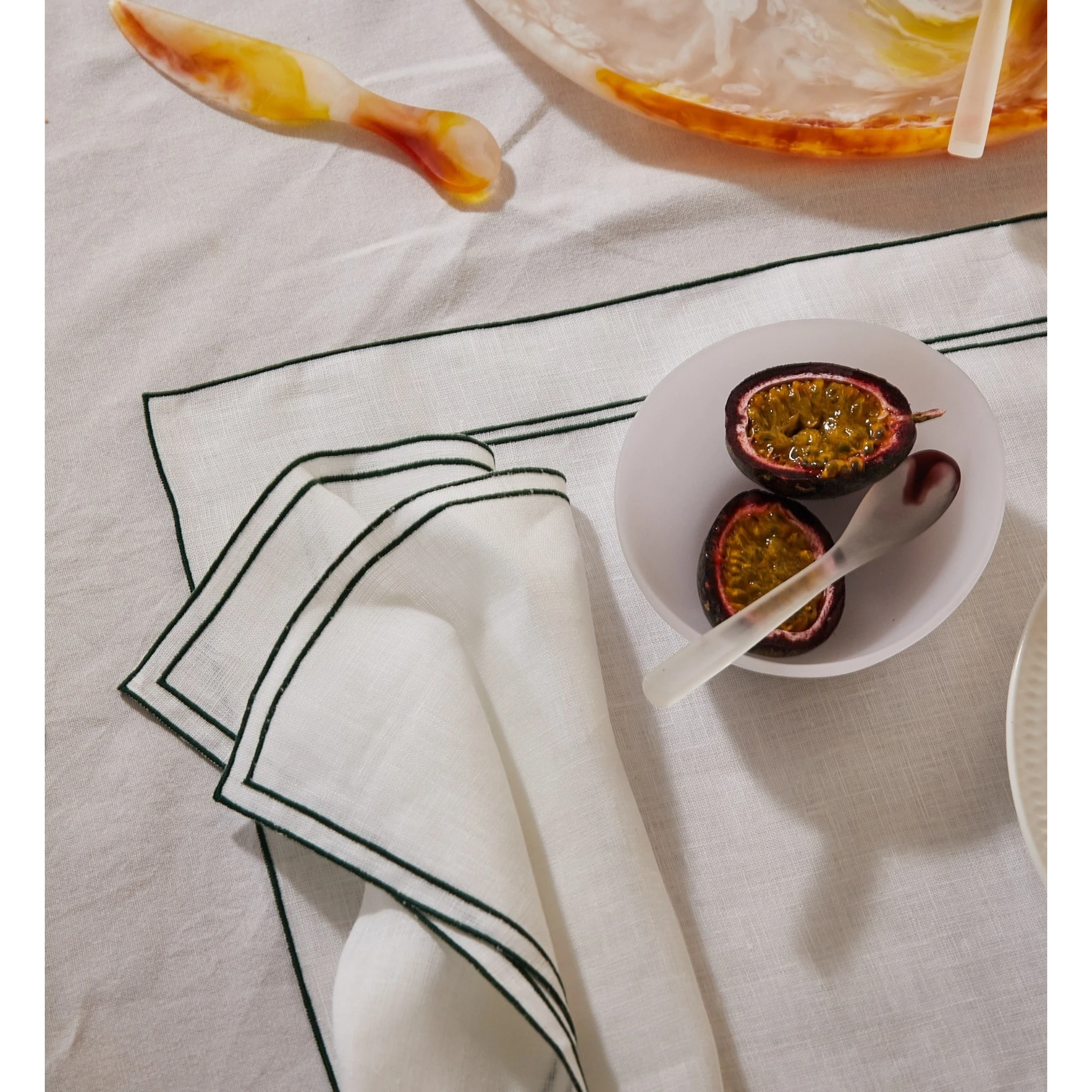 Keep Collections white European flax linen placemat with deep green Art Deco embroidery. Set of four.