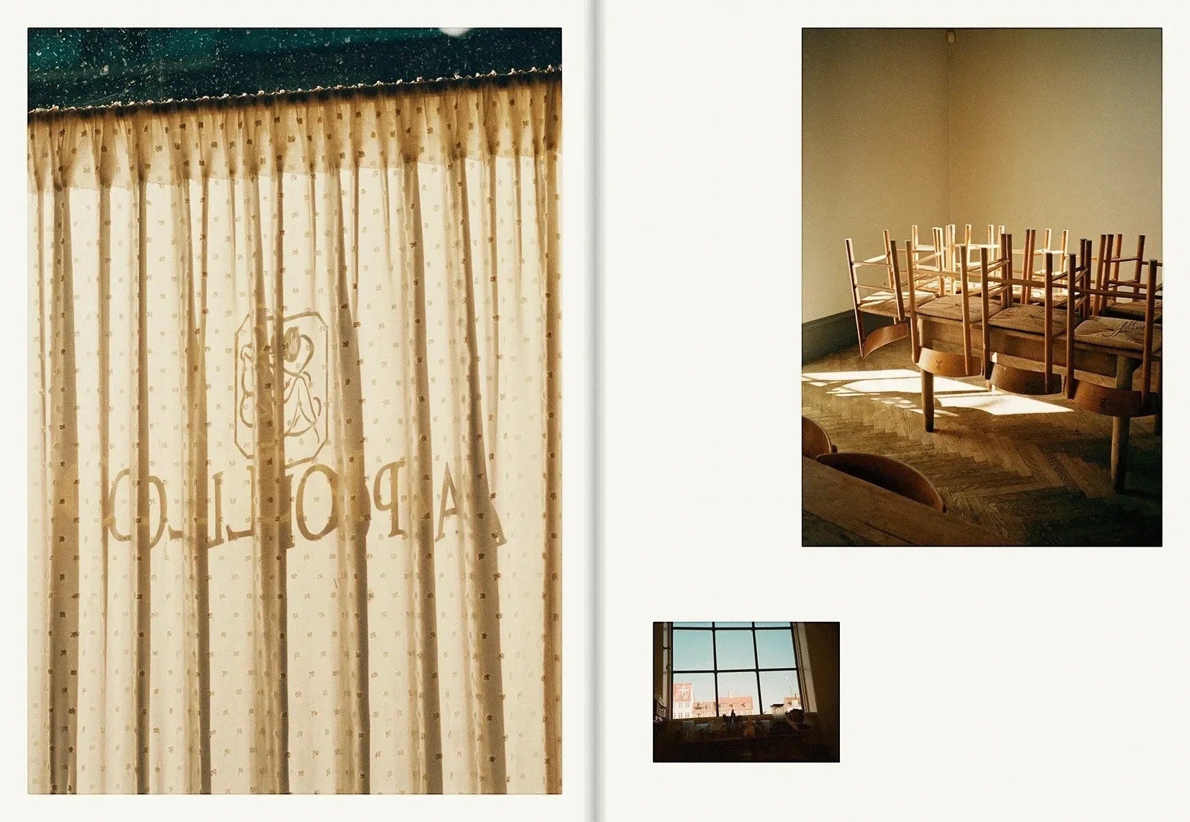 Inside pages of the keep-collections Apollo cookbook featuring warm photography of curtains and dining chairs.