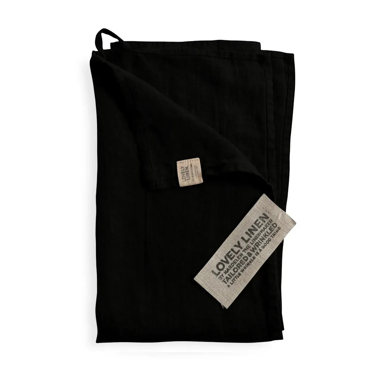 keep-collections black premium linen kitchen towel with hanging loop and brand label on a white background