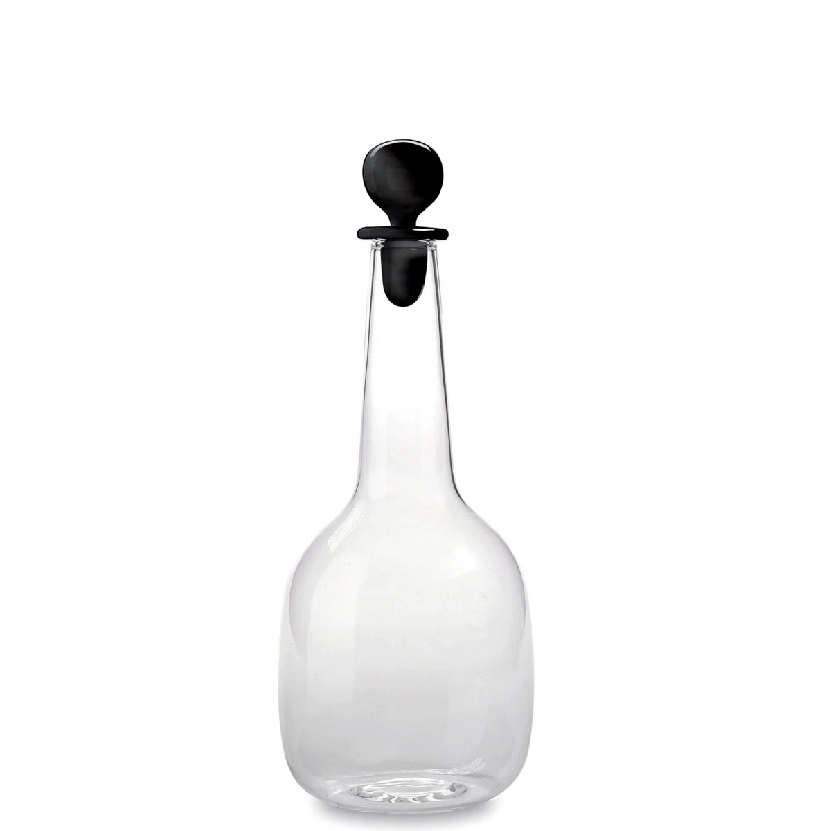 keep-collections elegant clear glass decanter with a minimalist rounded base and a striking solid black spherical stopper