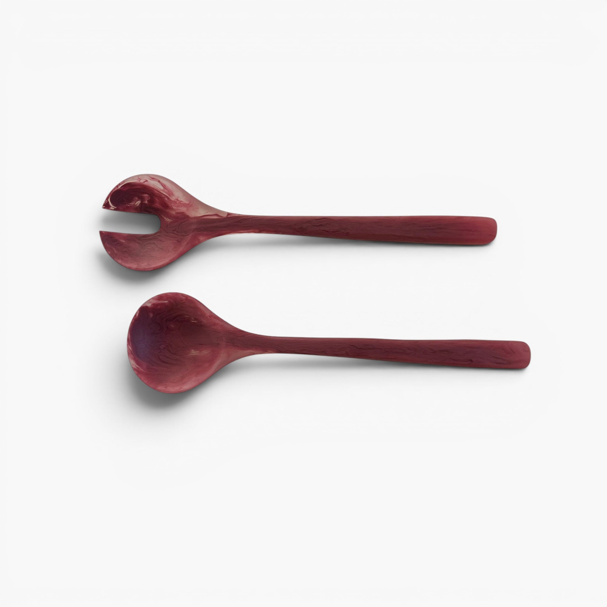 Keep Collections rhubarb resin salad servers, one spoon and one fork-style server, handmade unique colour variations.